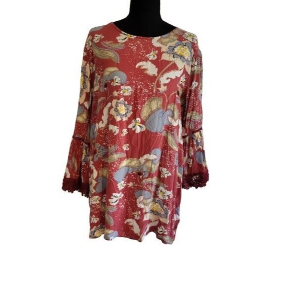 JANSE Floral Bell Sleeve Tunic Boho Crochet Lace Trim Rust Red Size M